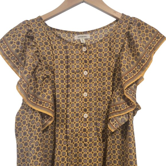 MAX STUDIO Women’s Blouse Top Medium Yellow Geometric Print Ruffle Flutter Boho - Picture 2 of 7